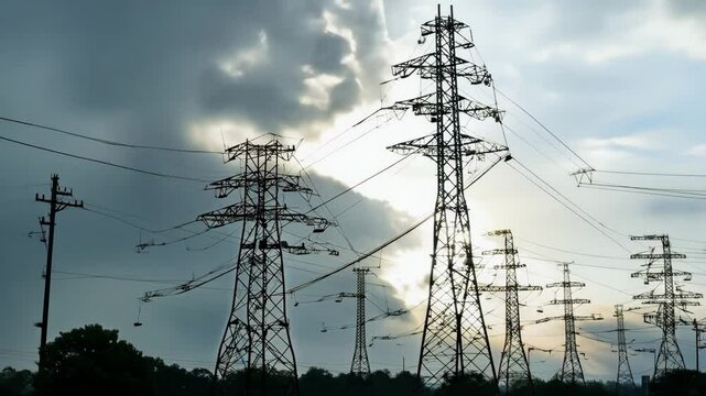 Elctric pole timelapse energy tower transmission electrical grid power line network wires cable noise hyperlapse high voltage 220V industrial substation metal pylon green energy generator system