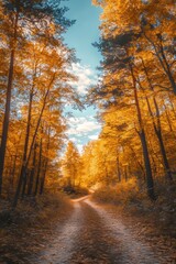 The most beautiful autumn landscape. A panoramic forest nature. A glorious dawn in an orange golden forest with golden leaves trees. An idyllic sunset, a dream fantasy path to the horizon. A