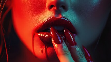 A woman with red lips and red nail polish