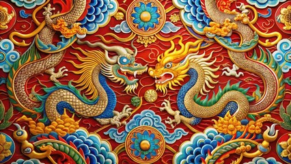Fototapeta premium Vibrant abstract design featuring intricate Chinese-inspired motifs, swirling dragons, and geometric patterns in bold red, gold, and blue hues, evoking ancient cultural heritage.
