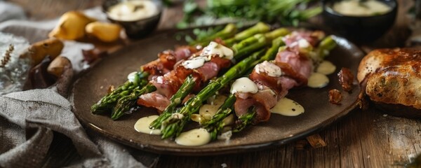 plate food with aspara and bacon