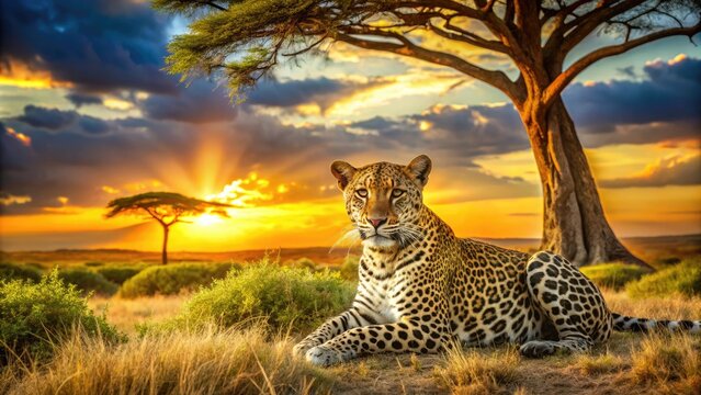 Vibrant African savannah scene featuring a majestic leopard camouflaged among acacia trees, its distinctive spots blending with the surrounding foliage and golden sunset.