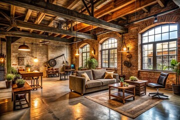 Fototapeta premium Exposed brick walls, distressed wooden beams, and polished concrete floor shimmer in warm ambient light, amidst vintage machinery and industrial trinkets in a cozy, atmospheric loft space.