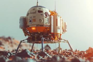 A futuristic lander stands proudly on rocky terrain, illuminated by early morning sunlight, ready for its mission on an alien planet.