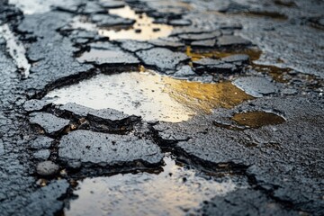 Obraz premium Asphalt road with hole broken in rain season with water