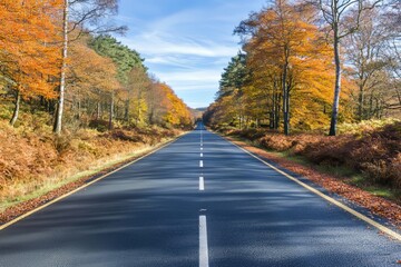Fototapeta premium Overcast skies and a road bordered by trees in autumn