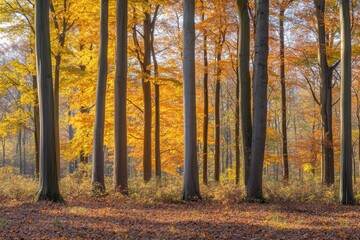 Fototapeta premium The path is gravel or soil with yellow orange leaves on the tree in autumn, with soft sunlight shining through the trees and brown leaves on the ground.