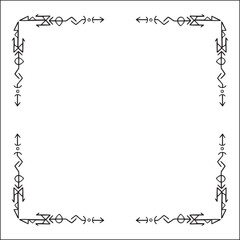 Elegant black and white ornamental frame with Viking runes, decorative border, corners for greeting cards, banners, business cards, invitations, menus. Isolated vector illustration.	
