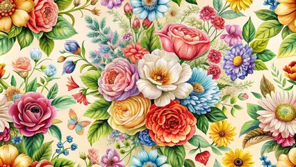 Vibrant bouquet of colorful flowers arranged in a repetitive, intricate pattern on a soft, creamy background, evoking a sense of delicate beauty and elegance.