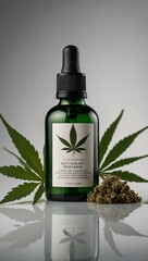 Natural skincare product featuring a dropper bottle and cannabis leaf on a light backdrop.