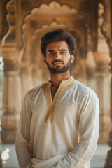 Obraz premium Young Man in Traditional Attire Posing in Historical Architectural Setting