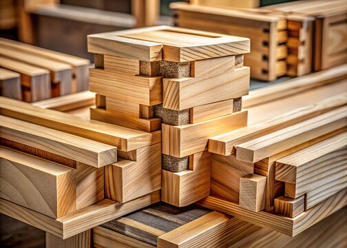 Fine-grained wood surfaces showcase intricate interlocking dovetail joints, precision-cut to create a stunning close-up display of carpentry craftsmanship.