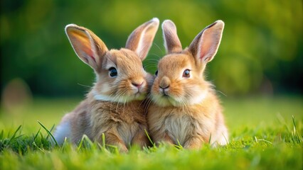 Fototapeta premium Fluffy gray rabbits with soft floppy ears and ruffled tails snuggle together in a lush meadow, surrounded by vibrant wildflowers and warm sunshine.