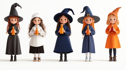 Colorful witches in playful outfits, ready for Halloween festivities, showcasing unique styles and charming poses.