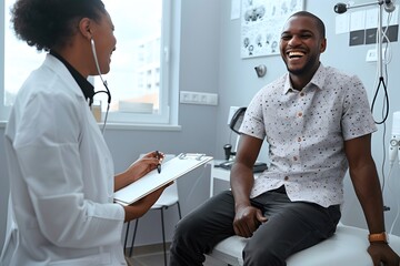 Obraz premium Happy Patient Talking to Doctor in Clinic Room