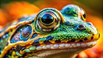 Vibrant close-up of a frog's textured skin, showcasing intricate patterns of tiny bumps, ridges, and mottled coloration, set against a soft, blurred background.