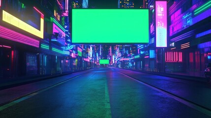 Big green screen billboard on cyberpunk neon night city street mockup material background wallpaper AI generated image