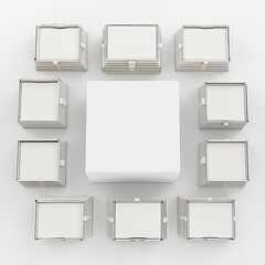 A top-down view of several minimalist gift boxes arranged around a central plain white box, ideal for packaging concepts.