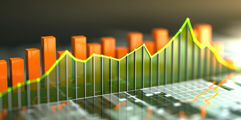 Naklejka premium Abstract corporate revenue graph, displaying growth in profits with a green upward trend and a touch of orange for emphasis, on a neutral background.