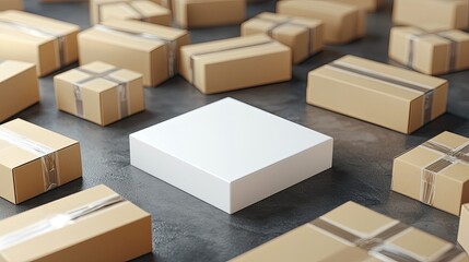 Fototapeta premium A collection of various cardboard boxes with one blank box in the center, ideal for packaging and shipping concepts.