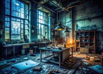 In a forsaken lab, outdated machinery creaks, spotlighted amidst dusty files, warning signs, and warning beacons; foreboding darkness encloses this abandoned space.