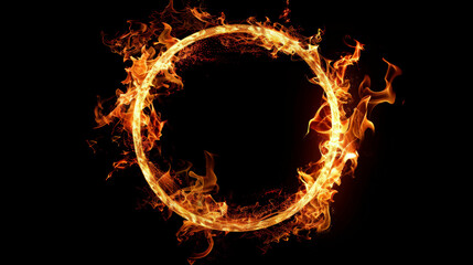 Perfect circle of intense and realistic fire, vivid and detailed flames, against a completely black background