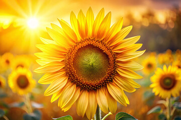 Fototapeta premium A close-up of a sunflower in full bloom, captured against a backdrop of a sunny field. The petals are vibrant yellow, radiating warmth