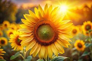 Obraz premium A close-up of a sunflower, with sunlight streaming through the petals. The sunflower stands out amidst a field of similarly bright flowers, symbolizing nature's beauty