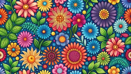 Vibrant colorful flowers bloom on a seamless repeating background, featuring intricate petals and leaves in a whimsical Illustrated vector design, perfect for fabric, wallpaper, and more.