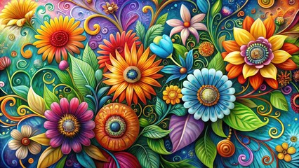 Vibrant colorful flowers bloom on a stylized abstract background, featuring intricate hand-painted swirls and patterns, creating a beautiful and unique design element for creative projects.