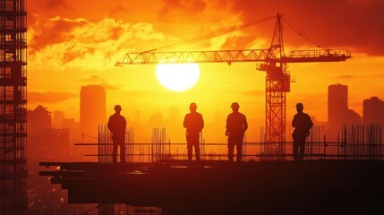 Fototapeta premium Backlit workers on a construction site during sunset, dramatic lighting, industrial realism, warm color palette, intense shadows ,