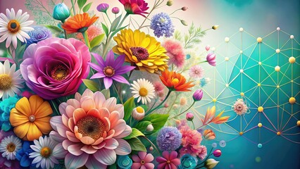 Vibrant colorful flowers on a soft subtle background with intricate geometric patterns and delicate vector shapes, creating a mesmerizing and elegant visual composition.
