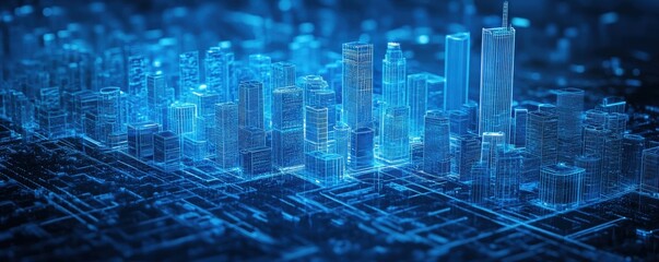 Obraz premium Futuristic digital cityscape with glowing blue buildings and interconnected lines representing advanced technology and smart city innovation.