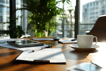 Business plan documents spread across a modern office table, showcasing company growth ideas