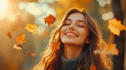Fototapeta premium Stylish Fall fashion style portrait of a casual joyful woman enjoying the autumn season at the park.