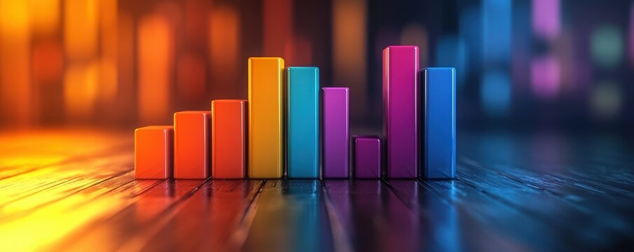 Colorful 3D bar chart on a reflective surface with a blurred background, representing data analysis, business growth, and financial statistics.