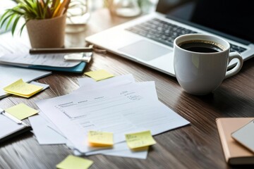 Business plan template on a desk with sticky notes and coffee, planning session