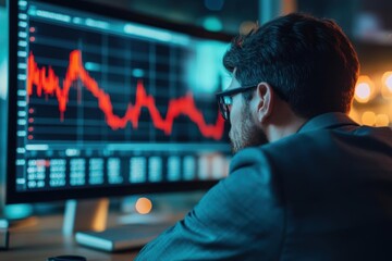 Fototapeta premium Businessman analyzing a stock market chart with a downtrend.