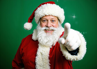 White Beard Santa in a Red Suit and Christmas Hat Points to You With Excitement and Wide Smile, Isolated on Green Background with Sparkles