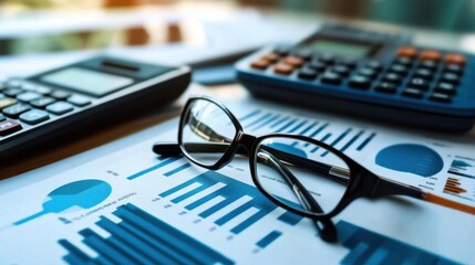 Closeup of a business plan document with financial graphs and a calculator