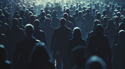 Crowd of sad identical silhouetted people walking