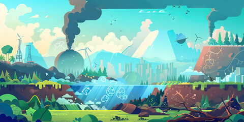 Environmental impact infographic, using shades of green, blue, and brown to illustrate CO2 emissions, energy consumption, and recycling initiatives, on a natural background.