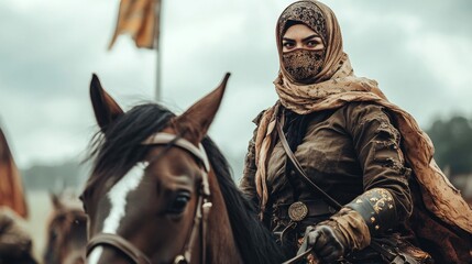 Fototapeta premium Beautiful Muslim woman soldier army warrior and veiled on horseback background wallpaper AI generated image