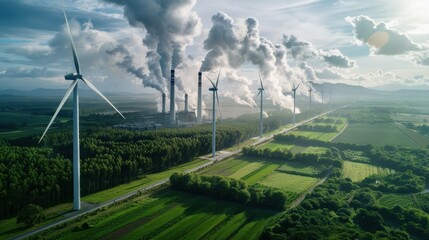 Wind turbines near industrial smokestacks, contrasting clean energy with pollution. Renewable energy versus industrial air pollution concept.