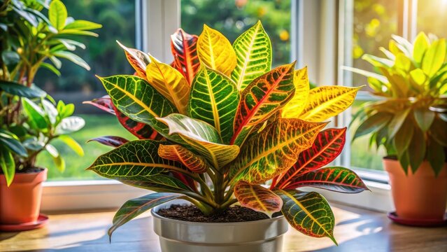 Vibrant croton plant with variegated leaves in shades of green, yellow, and red, standing tall in a decorative pot on a sunny windowsill.
