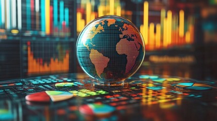 A detailed globe against a digital stock market background with colorful data charts and graphs, representing global finance and data analysis.