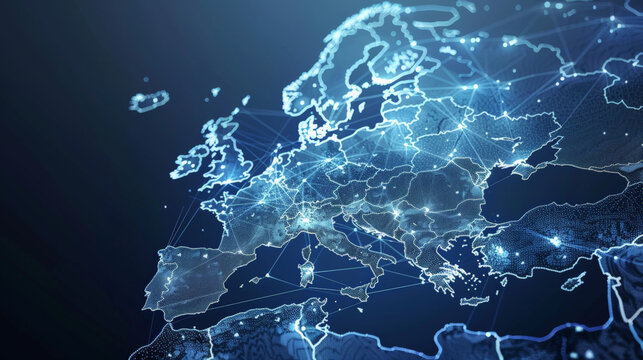 Abstract map of Western Europe, concept of data transfer and cyber technology