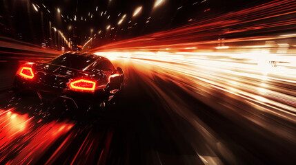 Obraz premium Racing car speeding on a night track toward lights in darkness