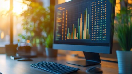 Modern workspace with computer screen displaying financial data charts, emphasizing analytics and productivity in a sunlit environment.