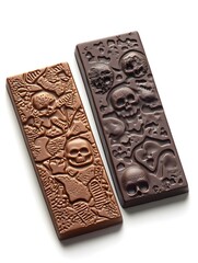 Closeup of Halloween Themed Chocolate Bars with Intricate Ghoulish Designs on Isolated White Background